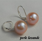 Boucles d'oreilles grosse perle de culture d'eau douce crochet dormeuse fermé, perle taille env. 11.8X10.2mm, couleur rose ou lavande